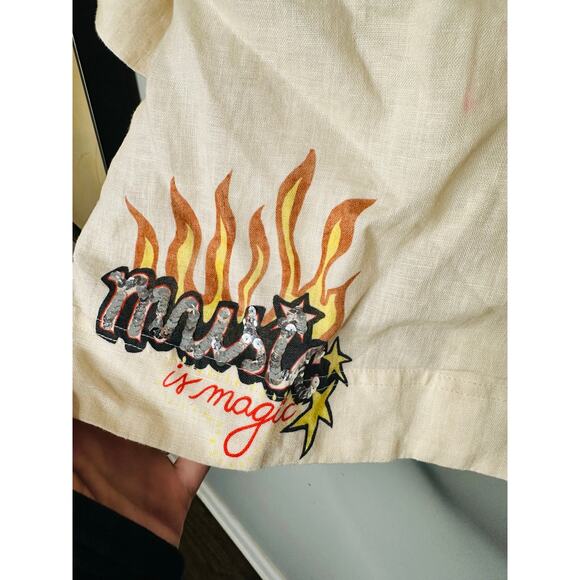 RHODE Off-White Graphic Whimsical Patches Front Button Collared Nola Top Size L - Picture 7 of 16